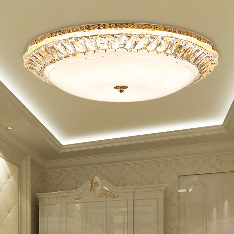 Contemporary LED Flush Mount Ceiling Light with Opal Glass Bowl and Crystal Accents - 12"/16" Gold