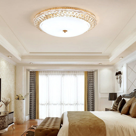 Contemporary LED Flush Mount Ceiling Light with Opal Glass Bowl and Crystal Accents - 12"/16" Gold