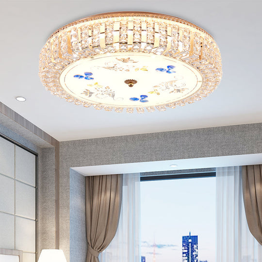 Golden Drum Flushmount Lighting: Modern Crystal and Glass Multi Light Ceiling Lamp (16"/19.5" W) with Flower Pattern