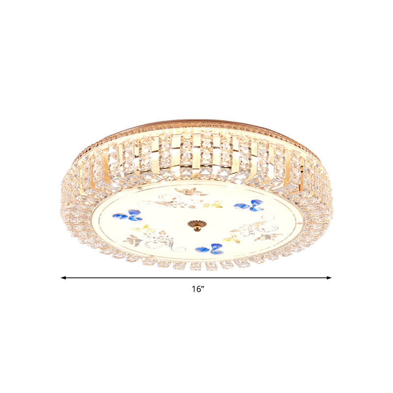 Golden Drum Flushmount Lighting: Modern Crystal and Glass Multi Light Ceiling Lamp (16"/19.5" W) with Flower Pattern