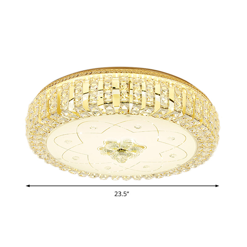 Golden Drum Flushmount Lighting: Modern Crystal and Glass Multi Light Ceiling Lamp (16"/19.5" W) with Flower Pattern