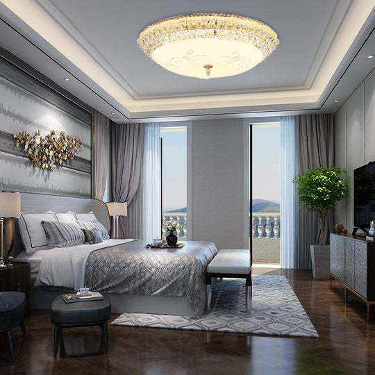 Modernist White Glass and Clear Crystal LED Flush Pendant Light for Bedroom - 12"/16" Diameter