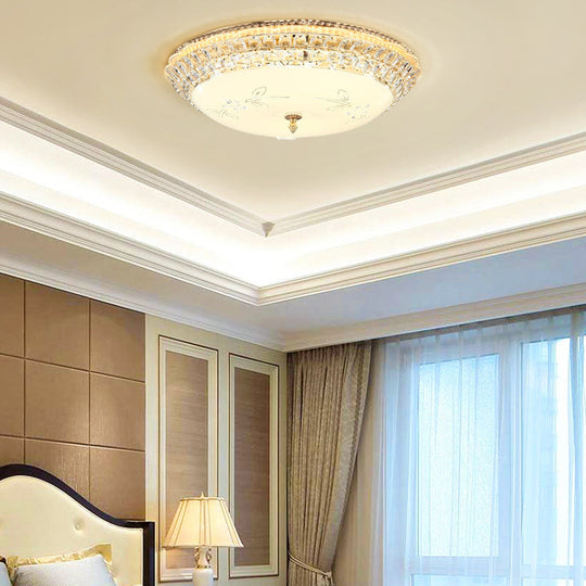 Modernist White Glass and Clear Crystal LED Flush Pendant Light for Bedroom - 12"/16" Diameter