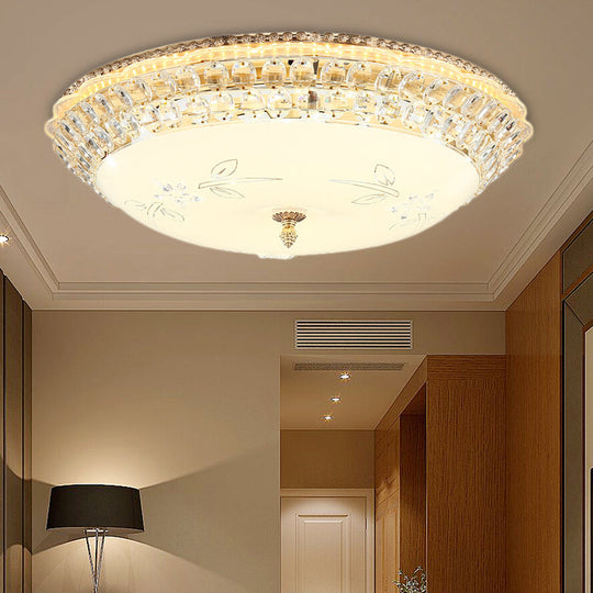 Modernist White Glass and Clear Crystal LED Flush Pendant Light for Bedroom - 12"/16" Diameter