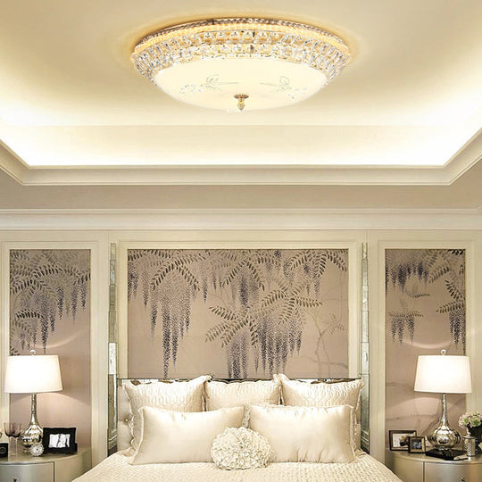 Modernist White Glass and Clear Crystal LED Flush Pendant Light for Bedroom - 12"/16" Diameter