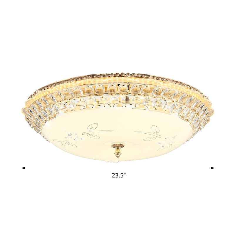 Modernist White Glass and Clear Crystal LED Flush Pendant Light for Bedroom - 12"/16" Diameter