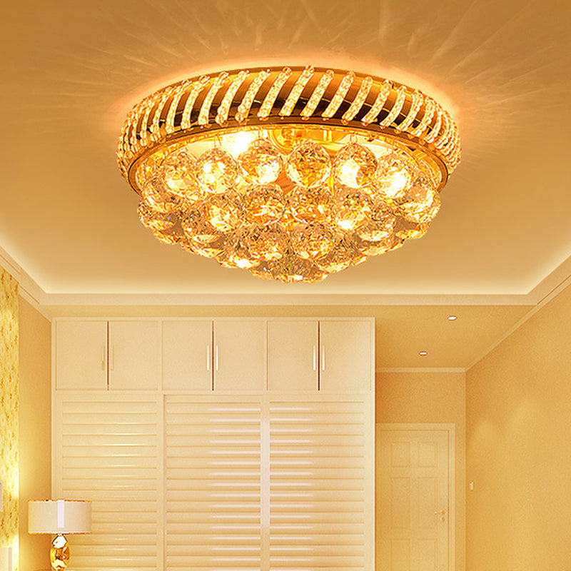 Modern Gold Flush Mount Chandelier with Crystal Ball & Round Shade - 14"/18" W, 3/4/5 Heads