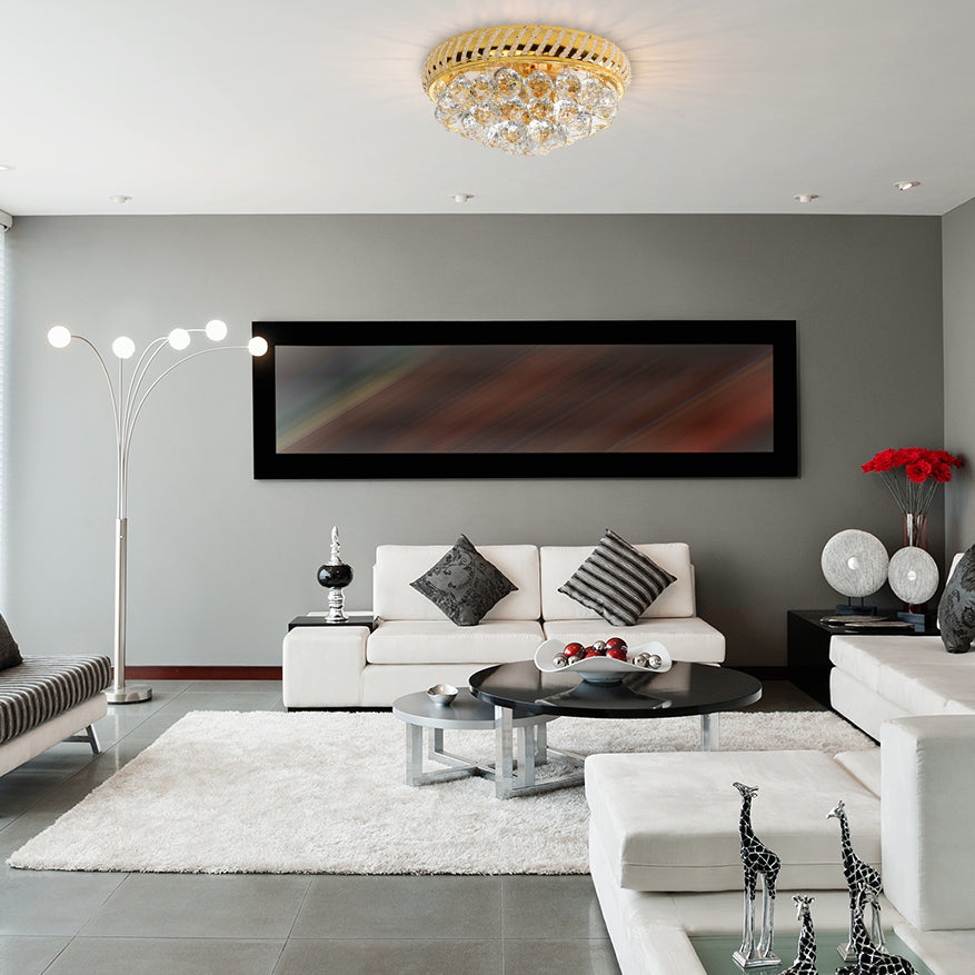 Modern Gold Flush Mount Chandelier with Crystal Ball & Round Shade - 14"/18" W, 3/4/5 Heads