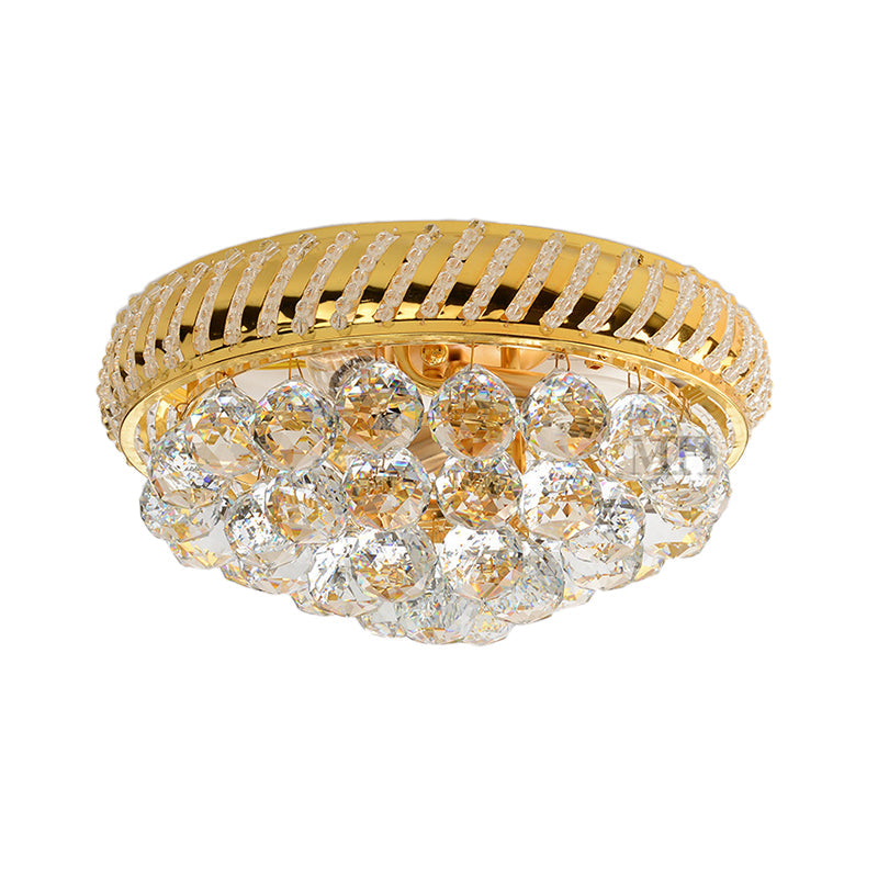 Modern Gold Flush Mount Chandelier with Crystal Ball & Round Shade - 14"/18" W, 3/4/5 Heads