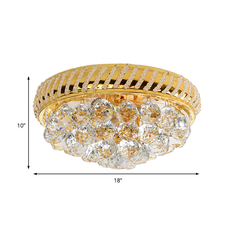 Modern Gold Flush Mount Chandelier with Crystal Ball & Round Shade - 14"/18" W, 3/4/5 Heads