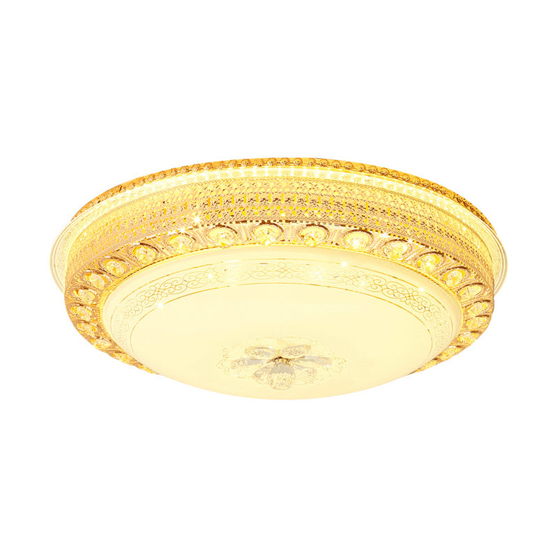 Modern Opal Glass Bowl Flush Light with LED, Crystal Accent, and Gold Hollow Out Design