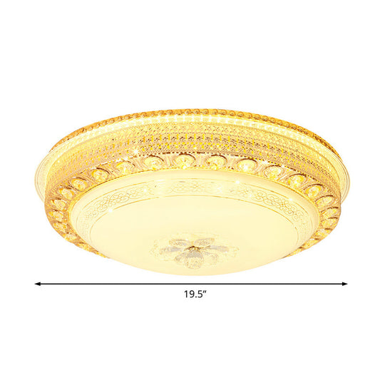 Modern Opal Glass Bowl Flush Light with LED, Crystal Accent, and Gold Hollow Out Design
