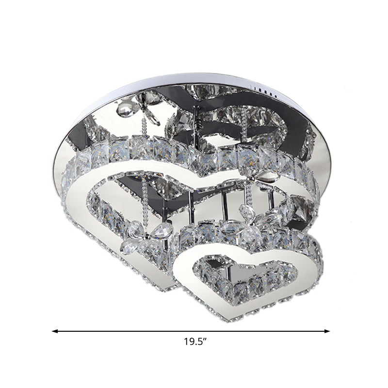 Plafonnier LED semi-encastré en cristal moderne Heart - 19,5"/23,5" - Éclairage clair chaud/blanc - Monture chromée