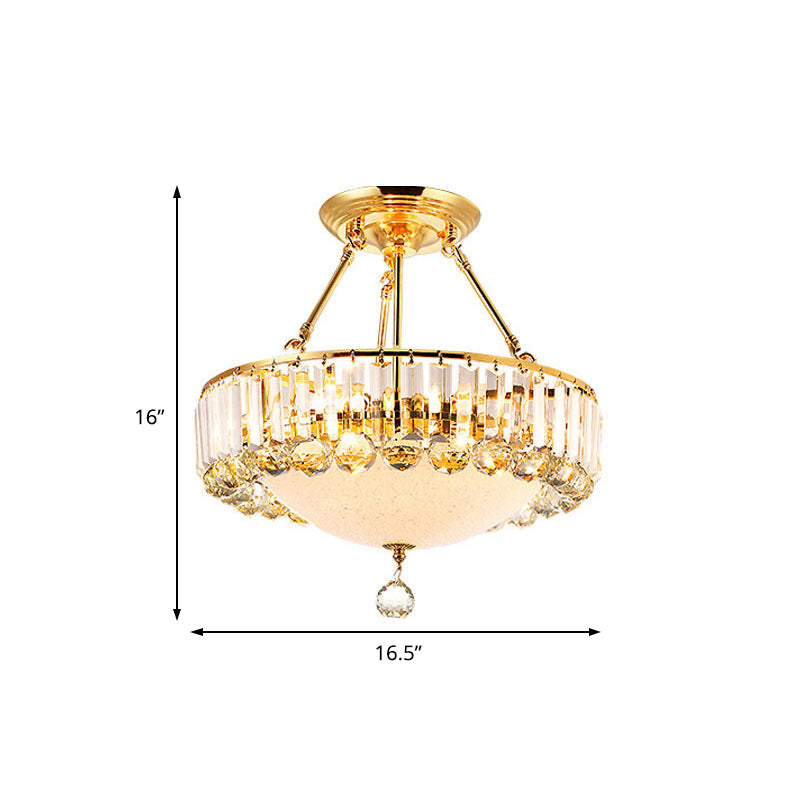 Luminaire semi-monté à tambour doré vintage avec accents en cristal et diffuseur en verre laiteux