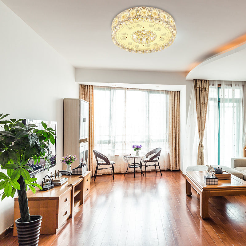 Vintage LED Flush Mount Ceiling Lamp with Etched Design, Clear Crystal Accents, and White Glass Circle