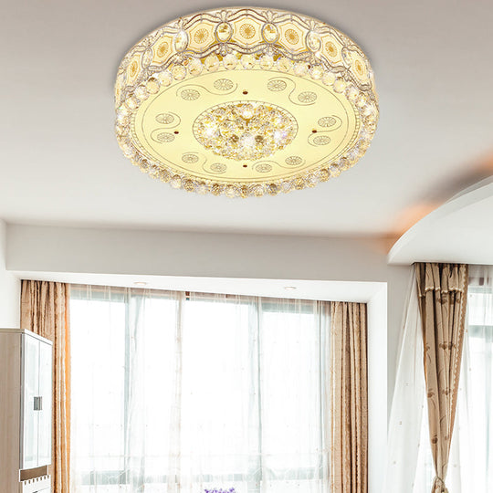 Vintage LED Flush Mount Ceiling Lamp with Etched Design, Clear Crystal Accents, and White Glass Circle