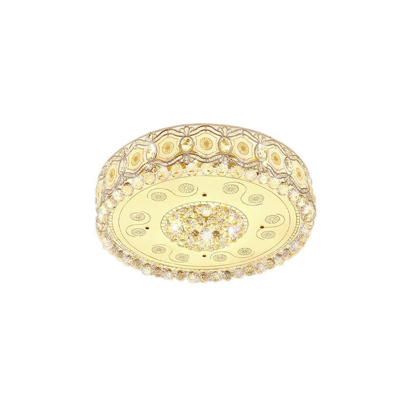Vintage LED Flush Mount Ceiling Lamp with Etched Design, Clear Crystal Accents, and White Glass Circle