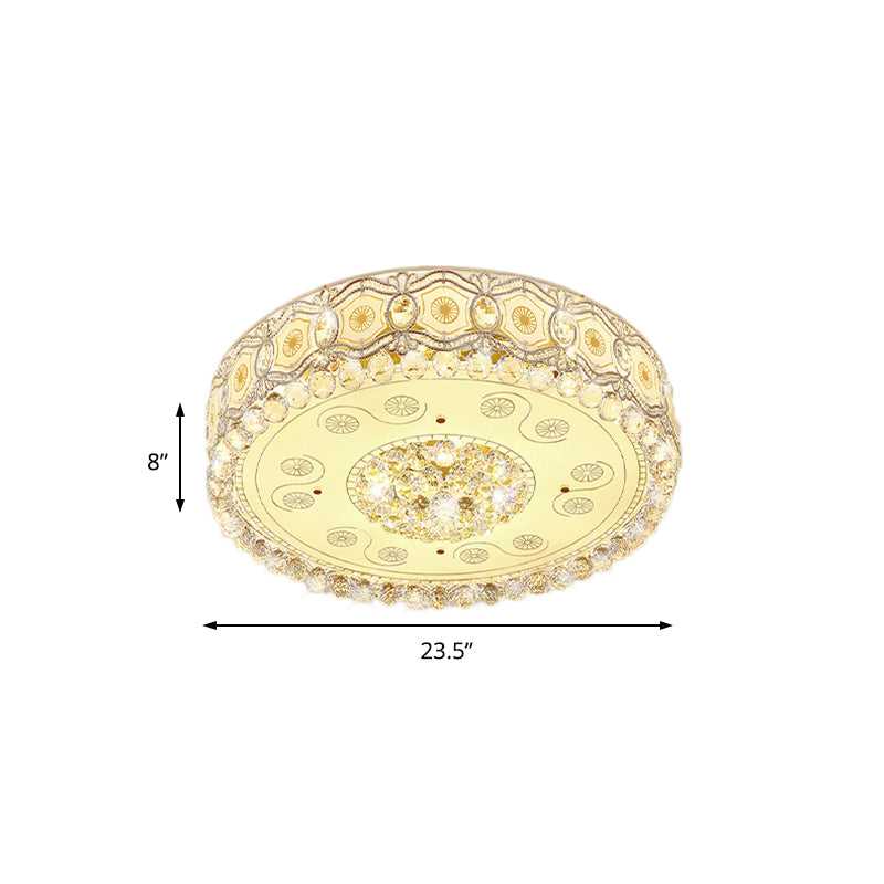 Vintage LED Flush Mount Ceiling Lamp with Etched Design, Clear Crystal Accents, and White Glass Circle