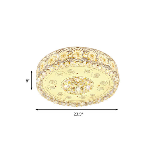 Vintage LED Flush Mount Ceiling Lamp with Etched Design, Clear Crystal Accents, and White Glass Circle