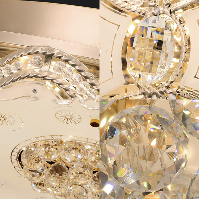 Vintage LED Flush Mount Ceiling Lamp with Etched Design, Clear Crystal Accents, and White Glass Circle