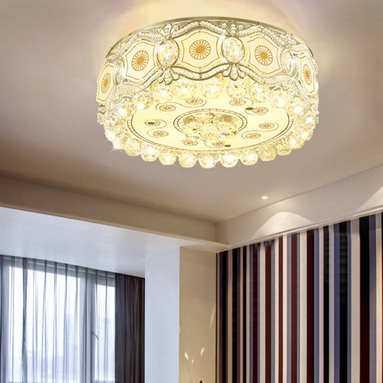 Vintage LED Flush Mount Ceiling Lamp with Etched Design, Clear Crystal Accents, and White Glass Circle