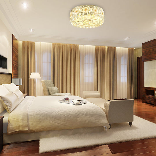 Vintage LED Flush Mount Ceiling Lamp with Etched Design, Clear Crystal Accents, and White Glass Circle