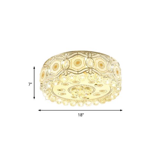 Vintage LED Flush Mount Ceiling Lamp with Etched Design, Clear Crystal Accents, and White Glass Circle