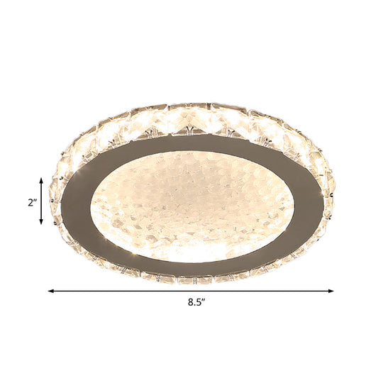 Modern Led Round Flush Mount Ceiling Light With Clear Crystal Accent In White - Warm/White Lighting