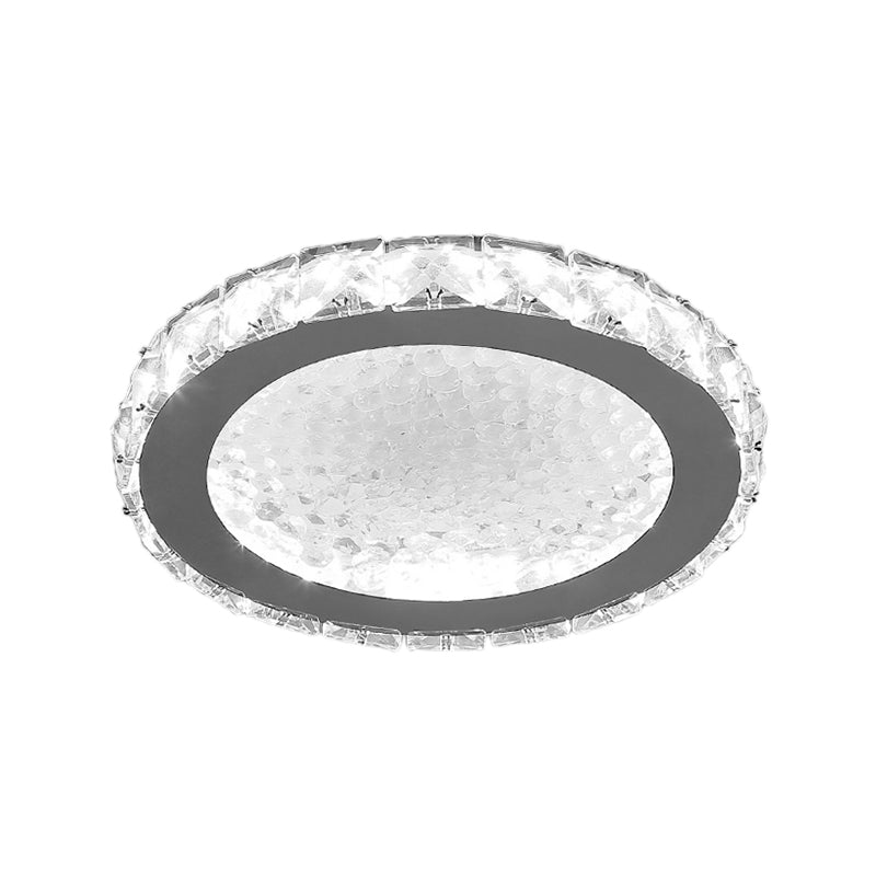Modern Led Round Flush Mount Ceiling Light With Clear Crystal Accent In White - Warm/White Lighting