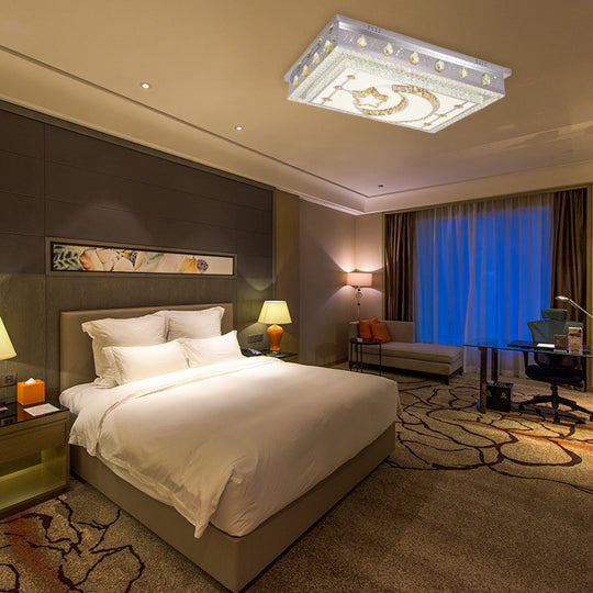 Modern LED Crystal Rectangle Flush Pendant Light with Star and Moon Pattern in Silver - Flush Mount Lighting