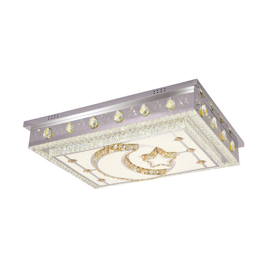 Modern LED Crystal Rectangle Flush Pendant Light with Star and Moon Pattern in Silver - Flush Mount Lighting