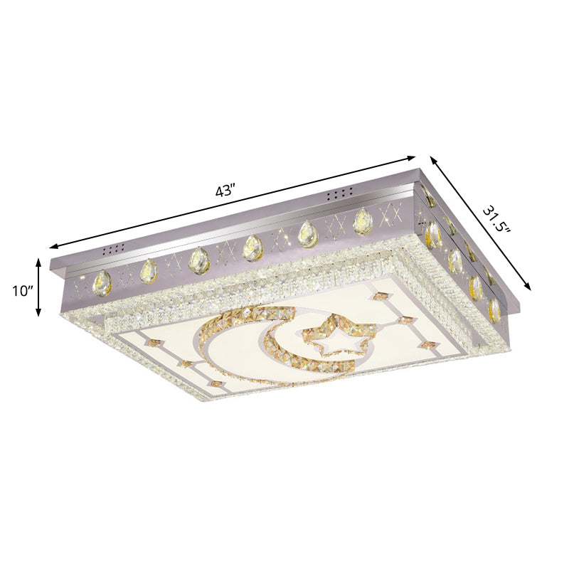 Modern LED Crystal Rectangle Flush Pendant Light with Star and Moon Pattern in Silver - Flush Mount Lighting