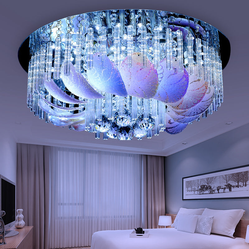 LED Flushmount Clear Crystal Circle Light Fixture - Modern 19.5"/23.5"/31.5" W with Leaf Glass Decoration