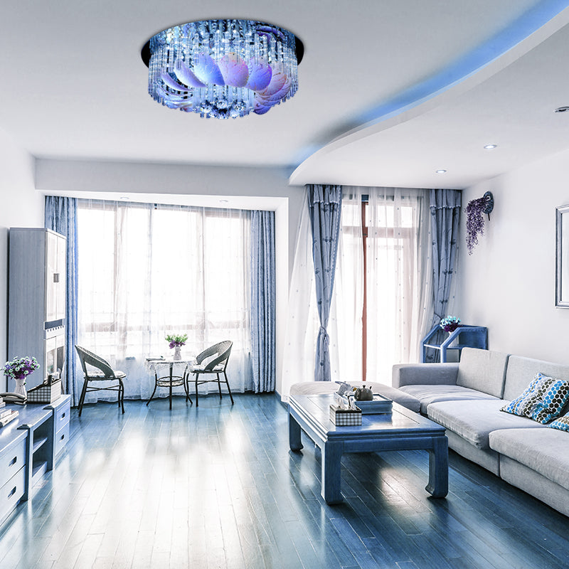 LED Flushmount Clear Crystal Circle Light Fixture - Modern 19.5"/23.5"/31.5" W with Leaf Glass Decoration