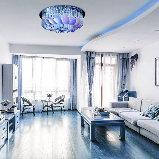 LED Flushmount Clear Crystal Circle Light Fixture - Modern 19.5"/23.5"/31.5" W with Leaf Glass Decoration