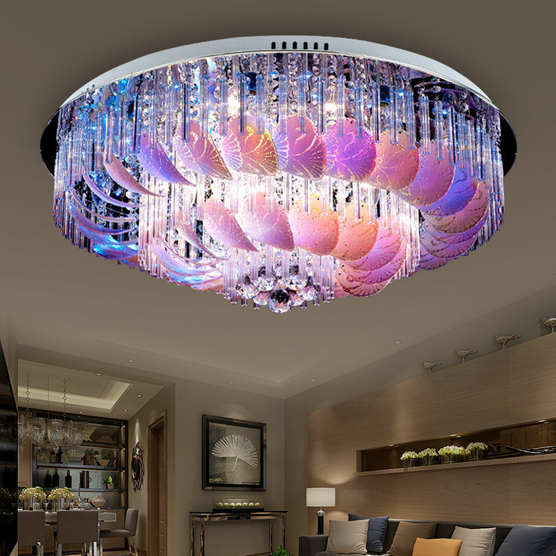 LED Flushmount Clear Crystal Circle Light Fixture - Modern 19.5"/23.5"/31.5" W with Leaf Glass Decoration