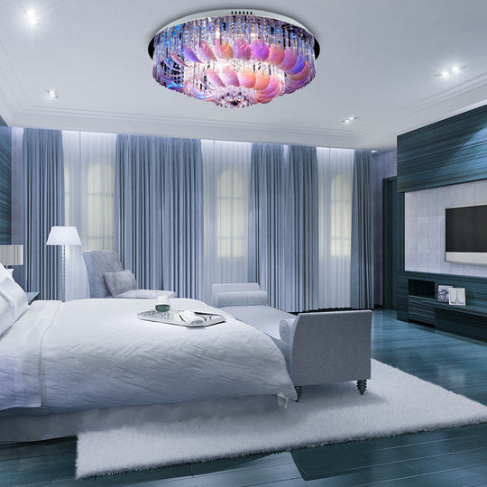 LED Flushmount Clear Crystal Circle Light Fixture - Modern 19.5"/23.5"/31.5" W with Leaf Glass Decoration