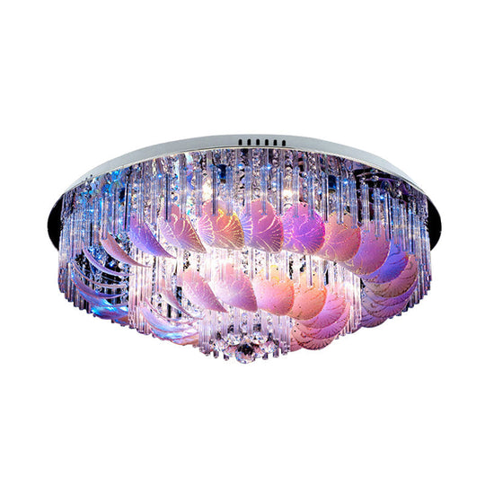 LED Flushmount Clear Crystal Circle Light Fixture - Modern 19.5"/23.5"/31.5" W with Leaf Glass Decoration