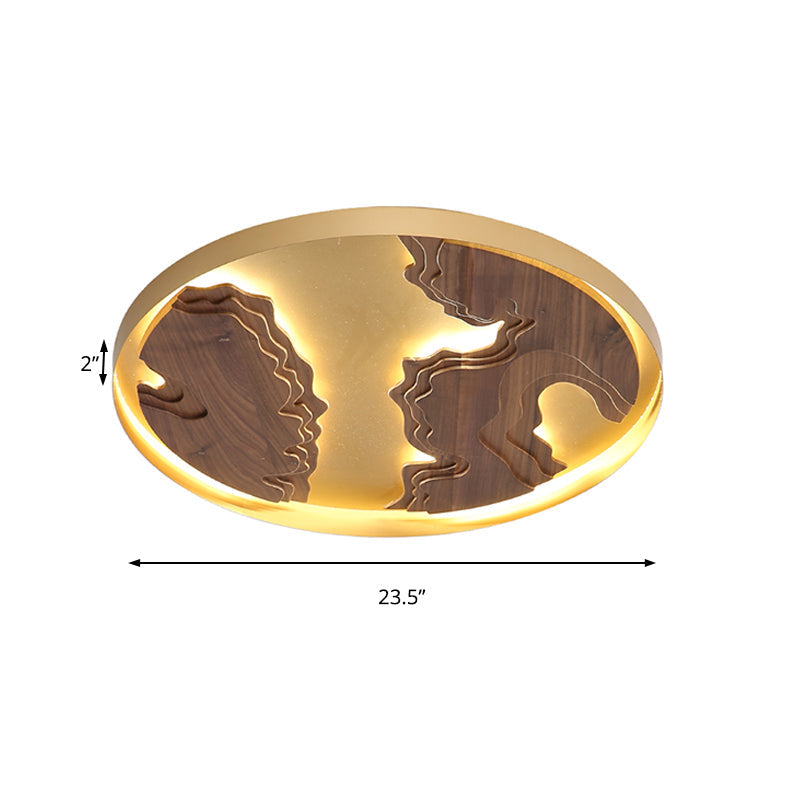 Contemporary Wood Gold/White Round LED Flush Mount Lamp for Living Room Ceiling - 16"/19.5"/23.5" Diameter