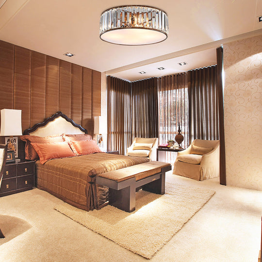 Modern Black/Bronze Flush Mount Bedroom Drum Light with Crystal Block - 12.5"/16.5" Width