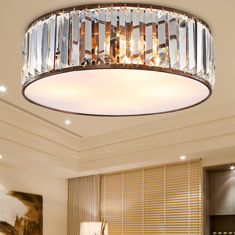 Modern Black/Bronze Flush Mount Bedroom Drum Light with Crystal Block - 12.5"/16.5" Width