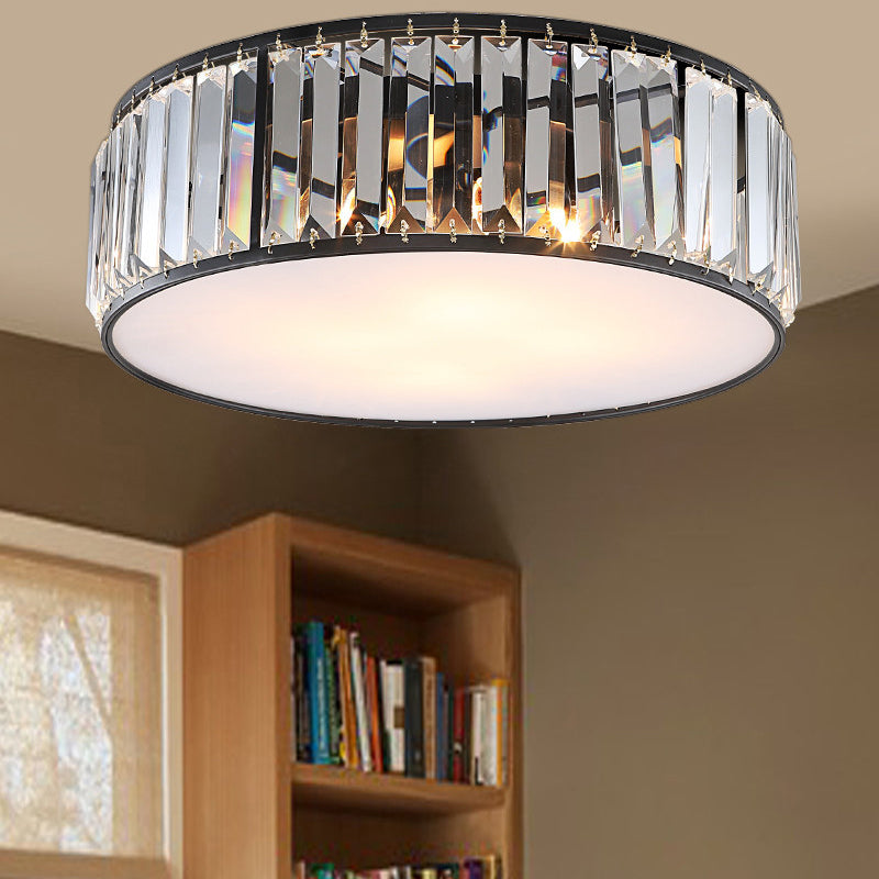 Modern Black/Bronze Flush Mount Bedroom Drum Light with Crystal Block - 12.5"/16.5" Width