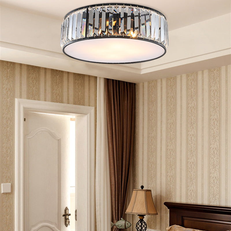 Modern Black/Bronze Flush Mount Bedroom Drum Light with Crystal Block - 12.5"/16.5" Width