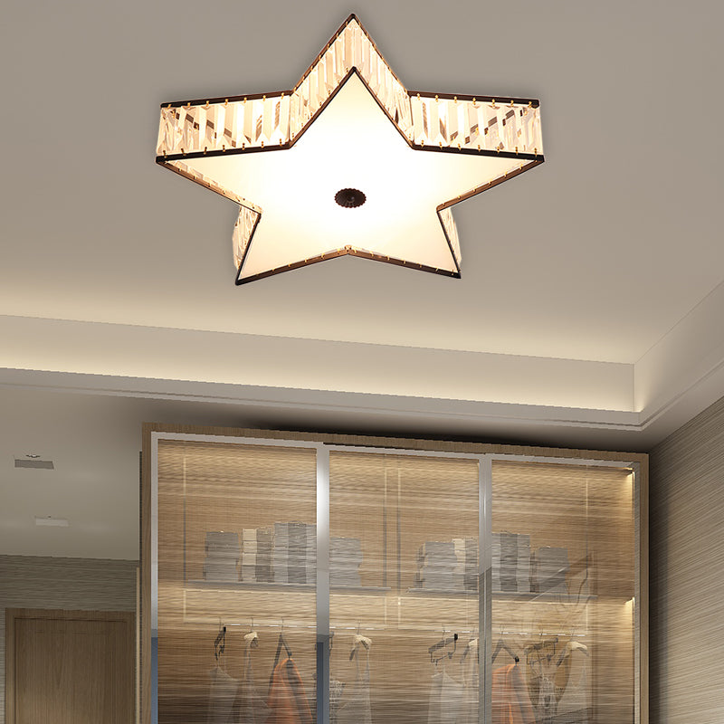 Contemporary LED Flush Light Fixture: Clear Crystal Star with Acrylic Diffuser for Bedroom in White, 14"/21.5" Width