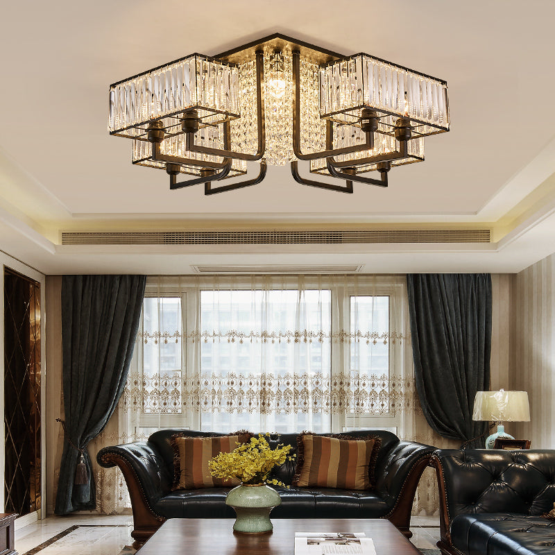 Plafonnier semi-encastré moderne en métal et cristal transparent - Luminaire de plafond cubique noir (5/9/13 lumières)