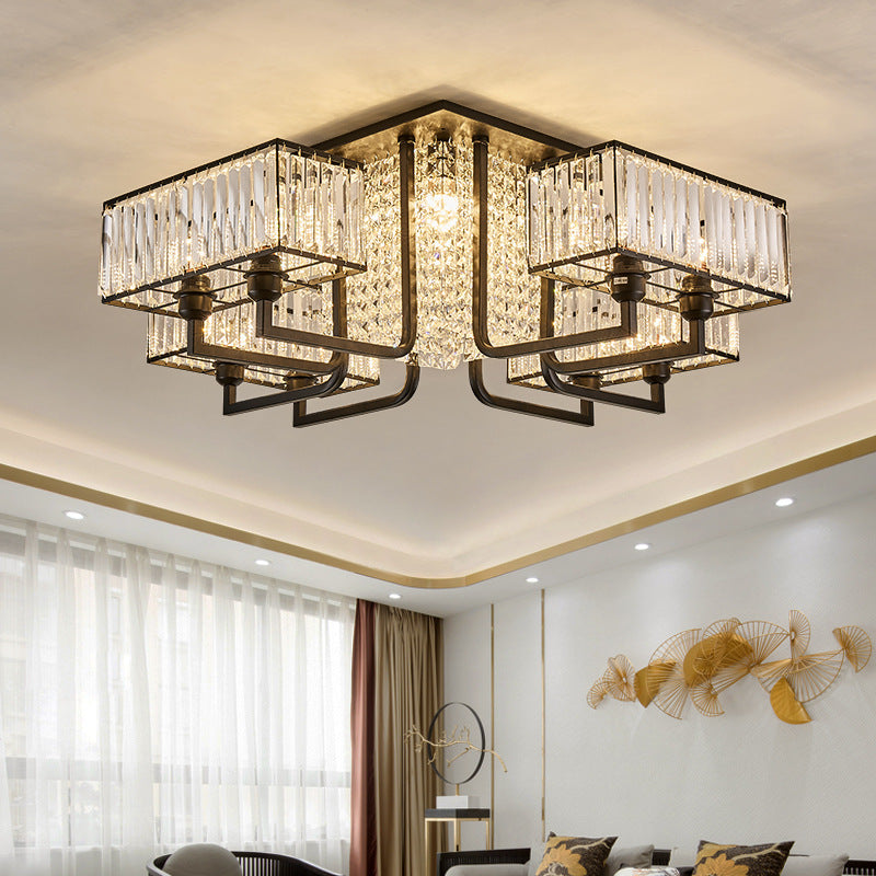 Plafonnier semi-encastré moderne en métal et cristal transparent - Luminaire de plafond cubique noir (5/9/13 lumières)
