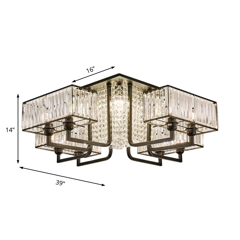 Plafonnier semi-encastré moderne en métal et cristal transparent - Luminaire de plafond cubique noir (5/9/13 lumières)