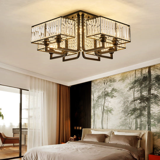Plafonnier semi-encastré moderne en métal et cristal transparent - Luminaire de plafond cubique noir (5/9/13 lumières)