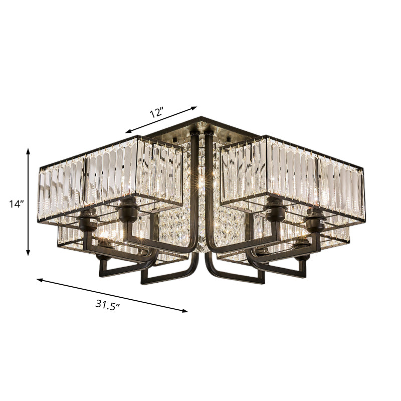 Plafonnier semi-encastré moderne en métal et cristal transparent - Luminaire de plafond cubique noir (5/9/13 lumières)