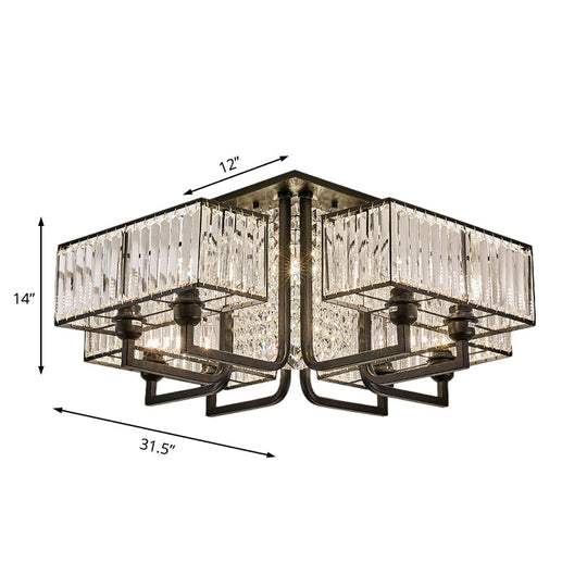 Plafonnier semi-encastré moderne en métal et cristal transparent - Luminaire de plafond cubique noir (5/9/13 lumières)